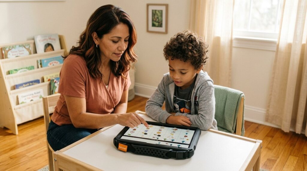A bilingual speech-language pathologist sits beside a young AAC user at a small therapy table, both looking at a QuickTalker Freestyle speech device laid flat between them while she points to a symbol on the screen