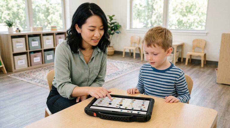 A speech-language pathologist sits beside a young AAC user at a low classroom table in a bright preschool room, both looking down at a QuickTalker Freestyle speech device laid flat between them while the SLP points to a core word on the symbol grid