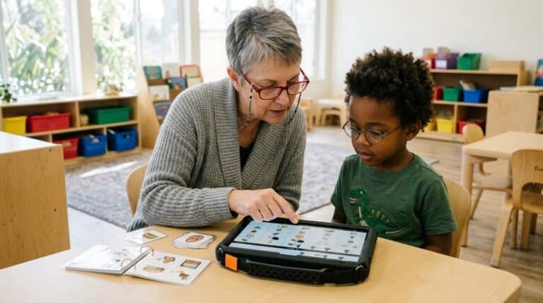 A speech-language pathologist sits beside a young AAC user at a low classroom table, a picture-card communication book open near one hand and a QuickTalker Freestyle speech device laid flat in front of them, as she points to a symbol on the device screen
