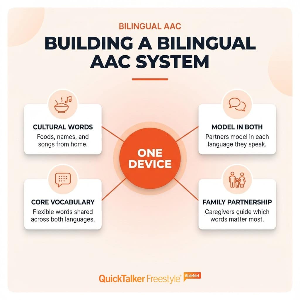 Hub-and-spoke diagram of a bilingual AAC system: one device at the center, surrounded by core vocabulary, culturally relevant words, modeling in both languages, and family partnership