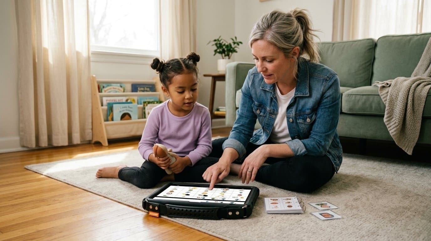 A parent sits beside a young AAC user on a living room floor, modeling a word on a QuickTalker Freestyle speech device during play while a small set of picture cards rests nearby