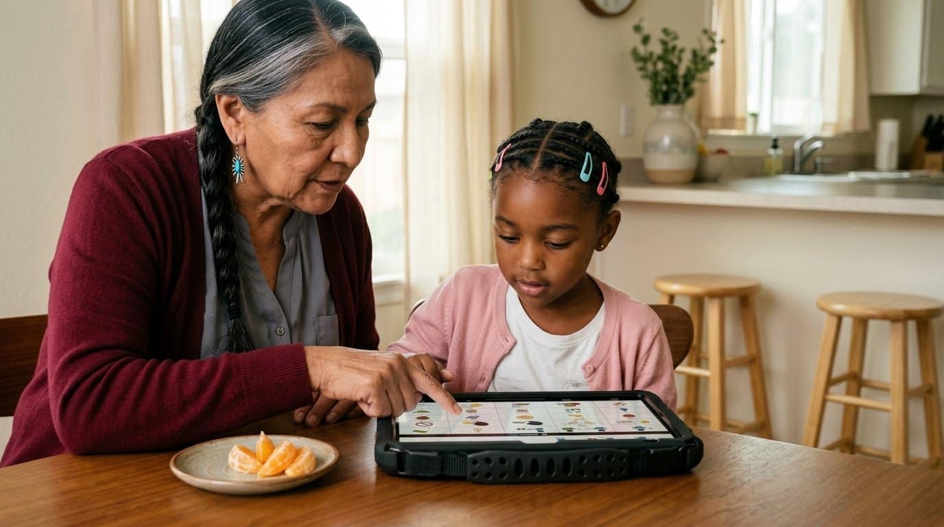 A grandmother sits with her young granddaughter at a kitchen table, pointing to a symbol on a QuickTalker Freestyle speech device laid flat between them during an afternoon snack