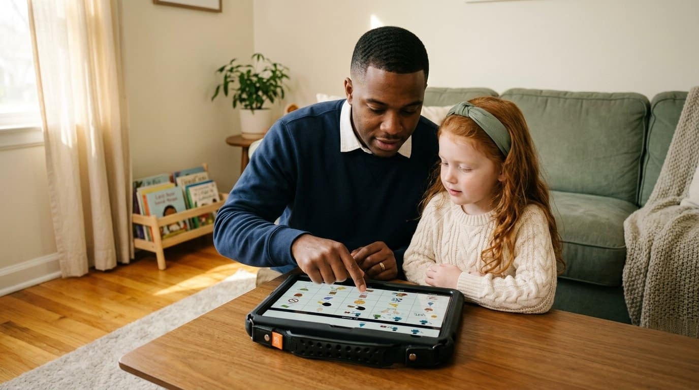 A father sits beside his young daughter at a living room coffee table, pointing to a core word on a QuickTalker Freestyle speech device laid flat in front of them during a relaxed afternoon at home