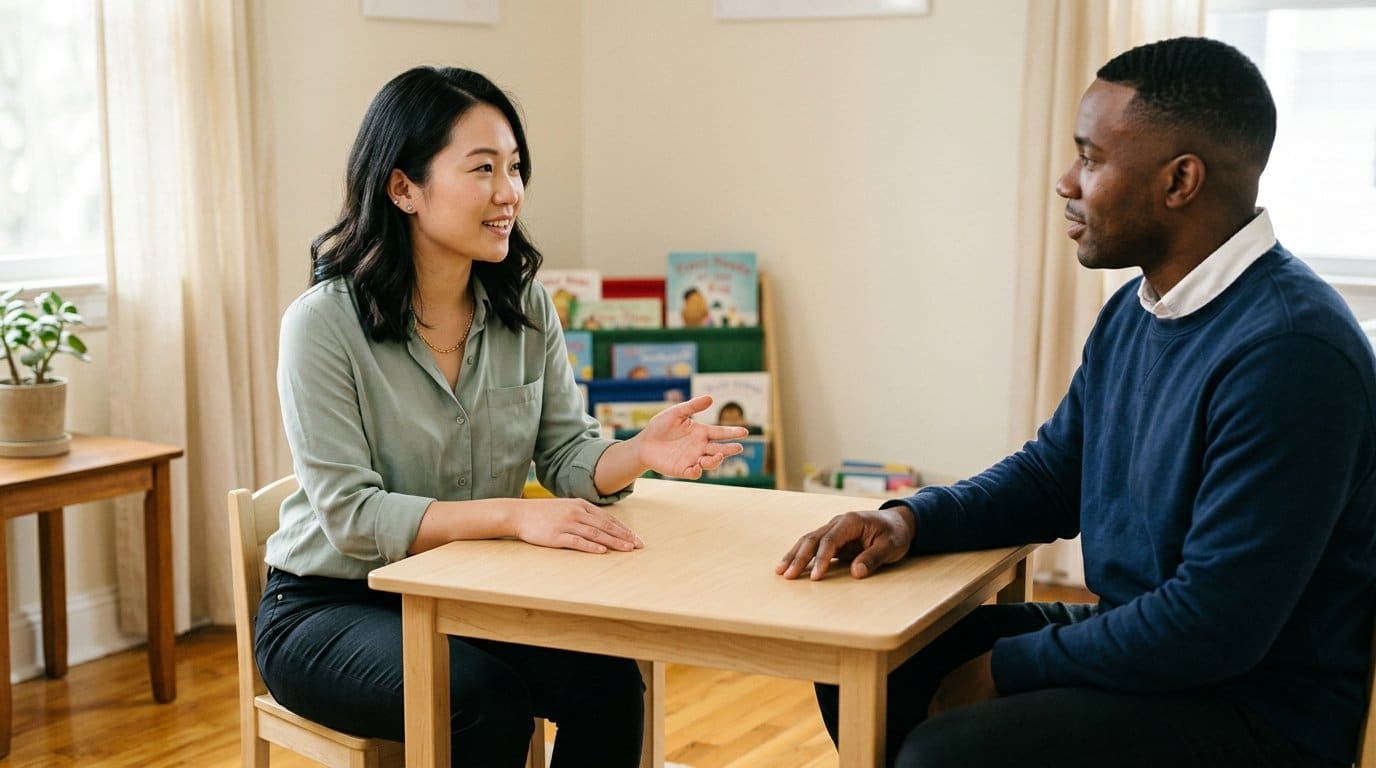 A bilingual speech-language pathologist and a father sit across a small clinic table having a conversation about the child