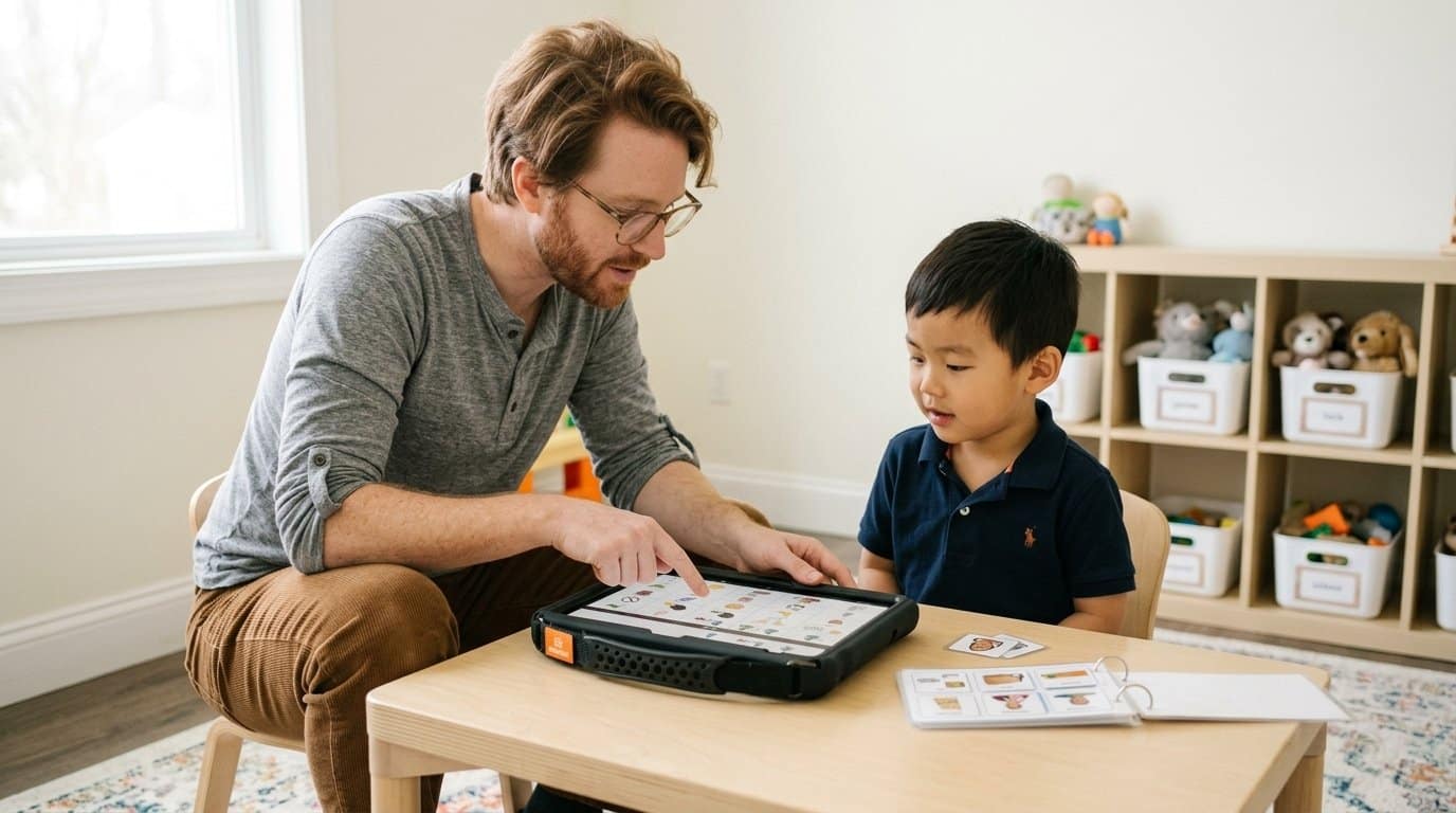 A speech-language pathologist sits beside a young AAC user at a low table, leaning in to introduce a QuickTalker Freestyle speech device while a small set of picture communication cards rests on the table within the child