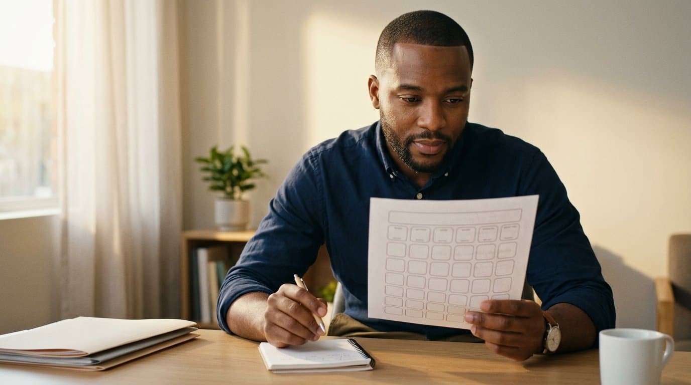 A speech-language pathologist sits at a tidy clinic desk reviewing a printed core word board layout, pen in hand, planning which first words to model with a new AAC user