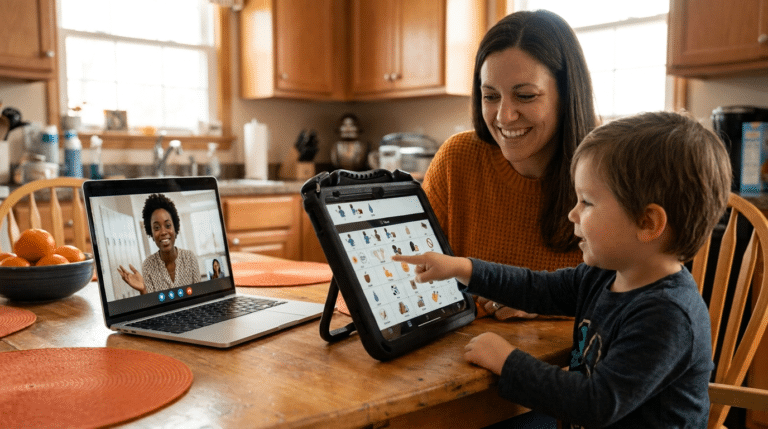 Family video call with child using tablet and mom smiling at the screen.