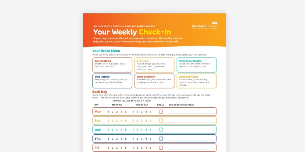 Weekly check-in resource for self-care strategies for speech-language pathologists.