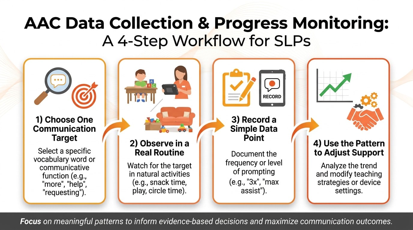 Infographic showing a four step AAC data collection workflow for SLPs: choose one communication target, observe it in a real routine, record a simple data point, and use the pattern to adjust support.