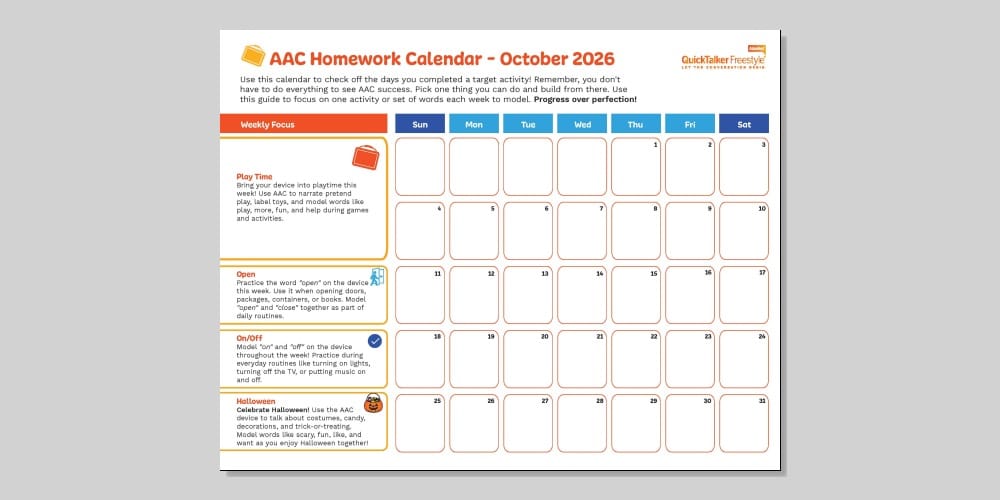 AAC homework calendar for October 2026, a resource for organized learning activities.