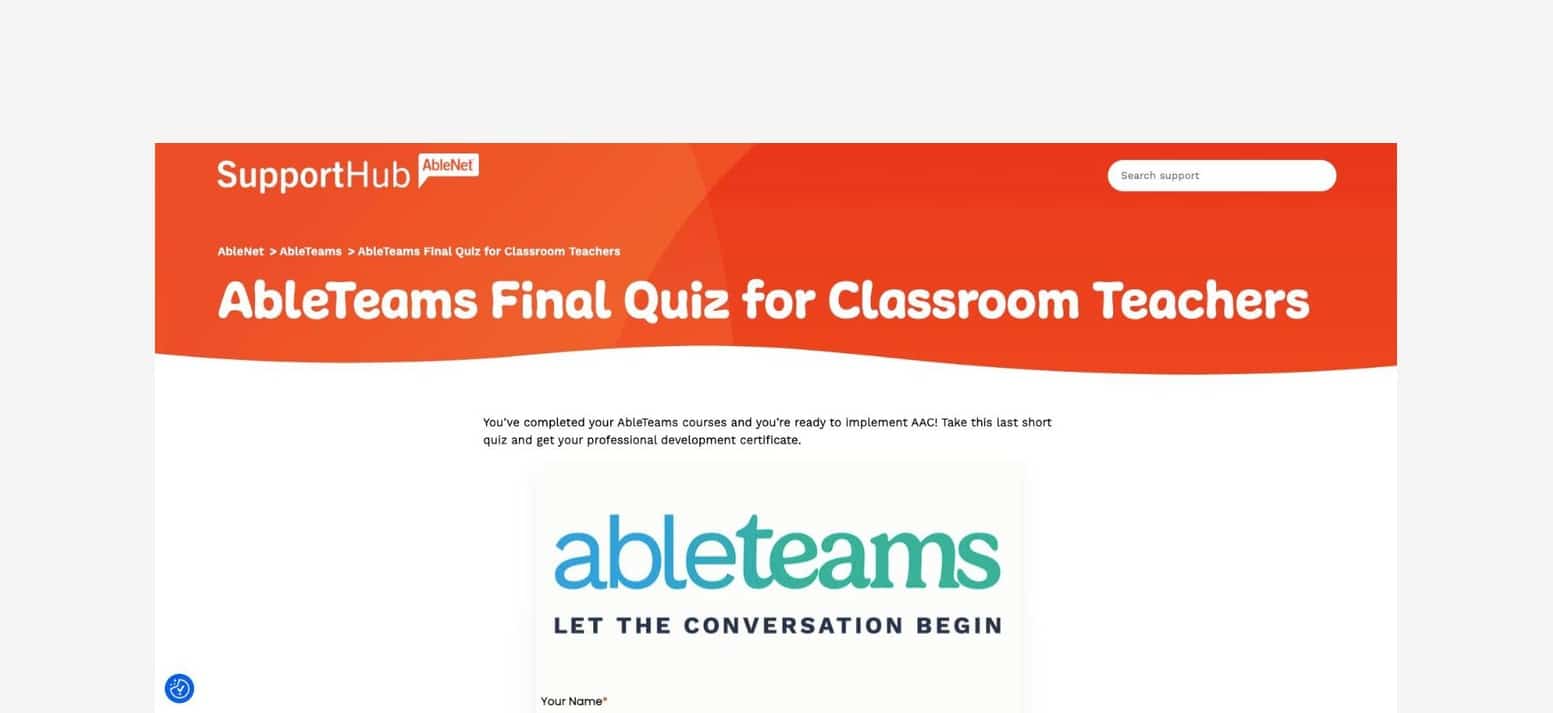 AbleTeams quiz for teachers to enhance AAC implementation skills and professional development.