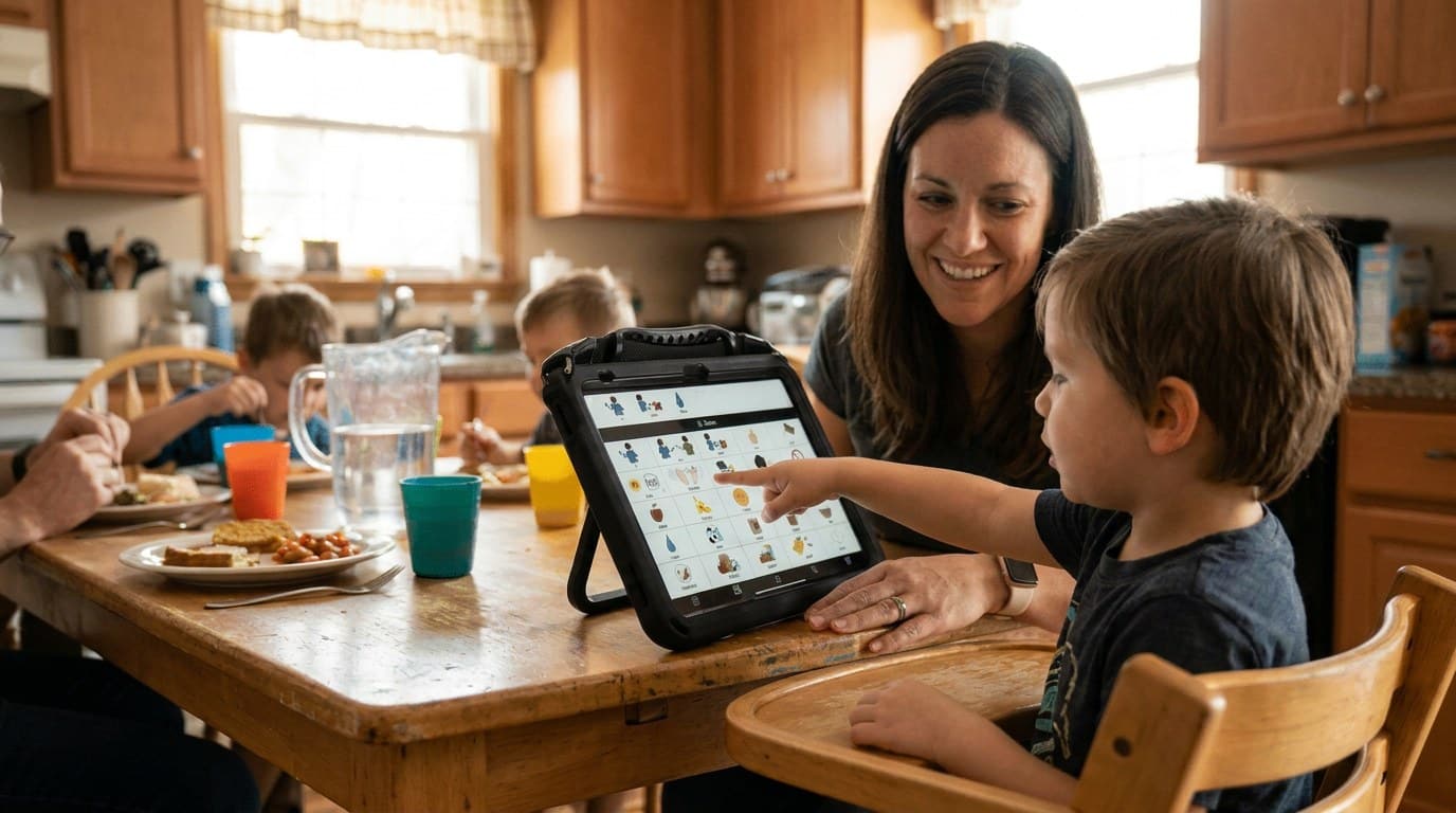 Young boy in a high chair at a family kitchen table pointing to a symbol on his QuickTalker Freestyle AAC device while his mother smiles beside him during a meal.