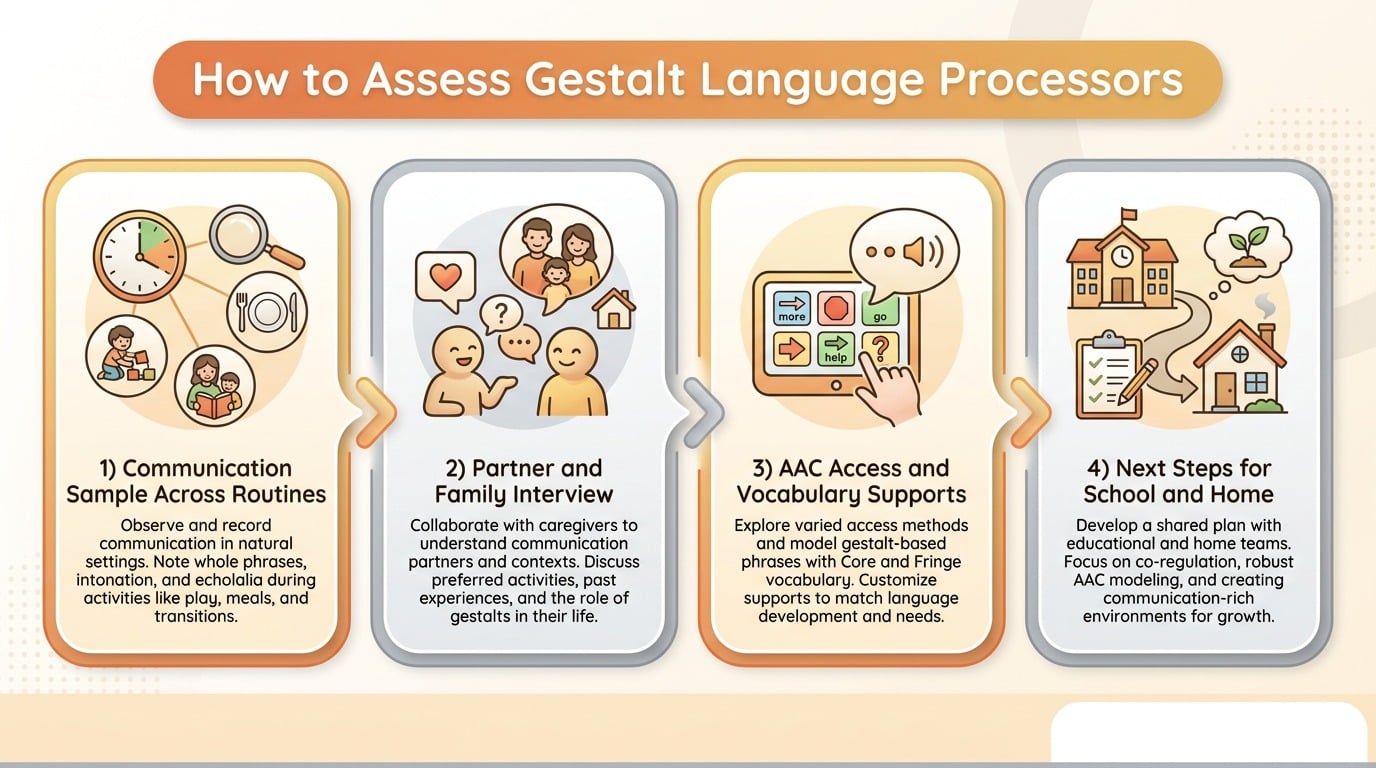 Infographic showing four steps to assess gestalt language processors: take a communication sample across routines, interview partners and family, check AAC access and vocabulary supports, and plan next steps for school and home.
