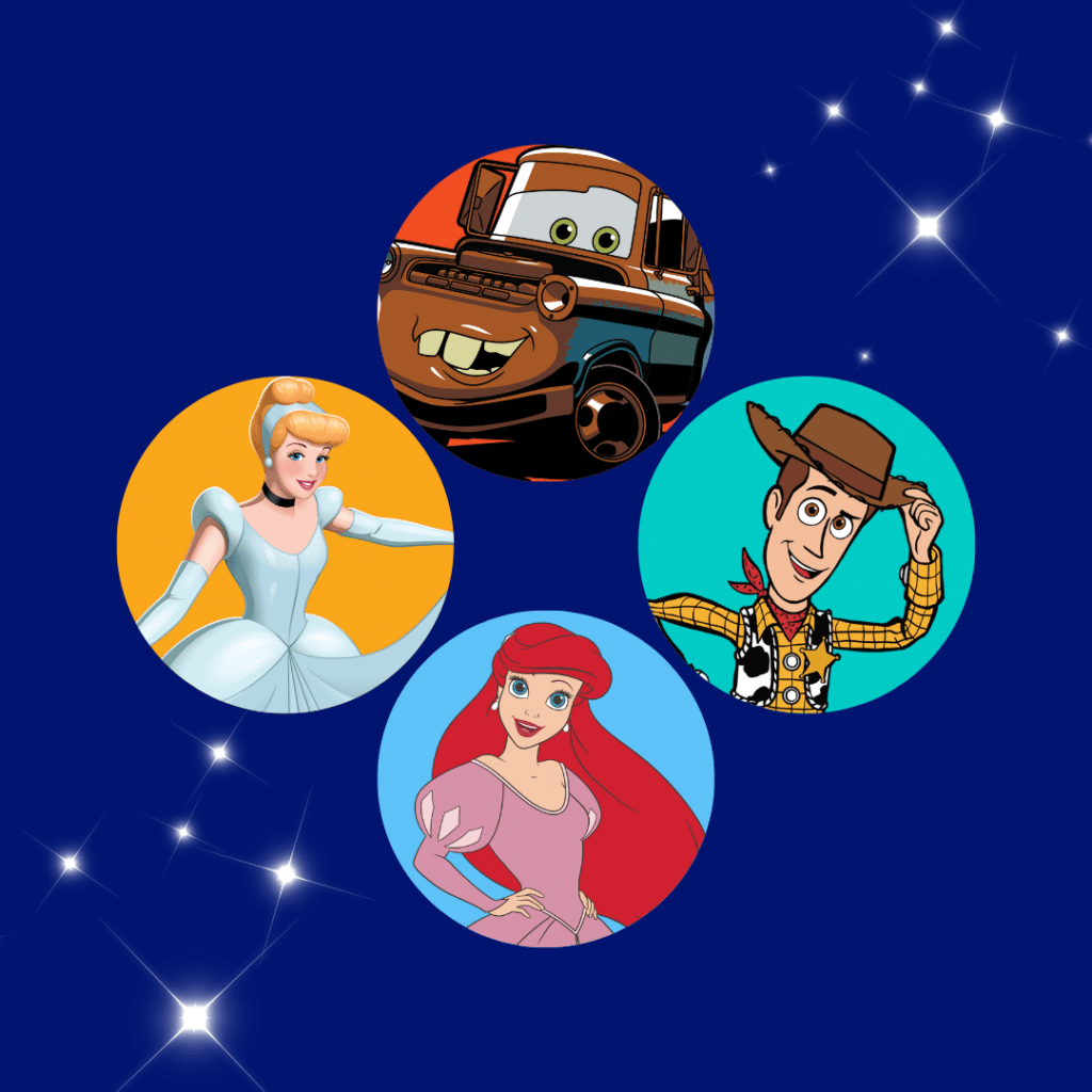 Cinderella, Ariel, Woody, and Luigi celebrating with AAC resources for diverse communication.