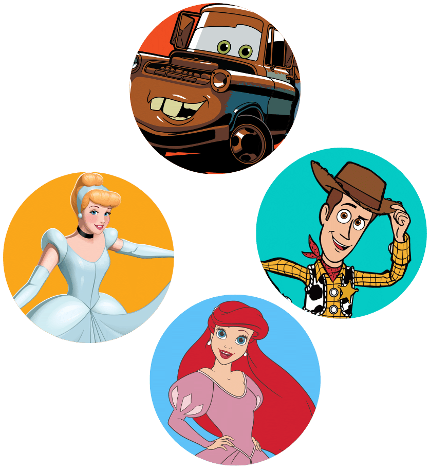 Cinderella and friends including Woody, Ariel, and Mater in a colorful design.