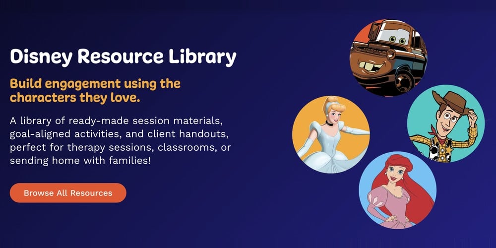 Disney Resource Library page with Tow Mater, Cinderella, Woody, and Ariel character circles