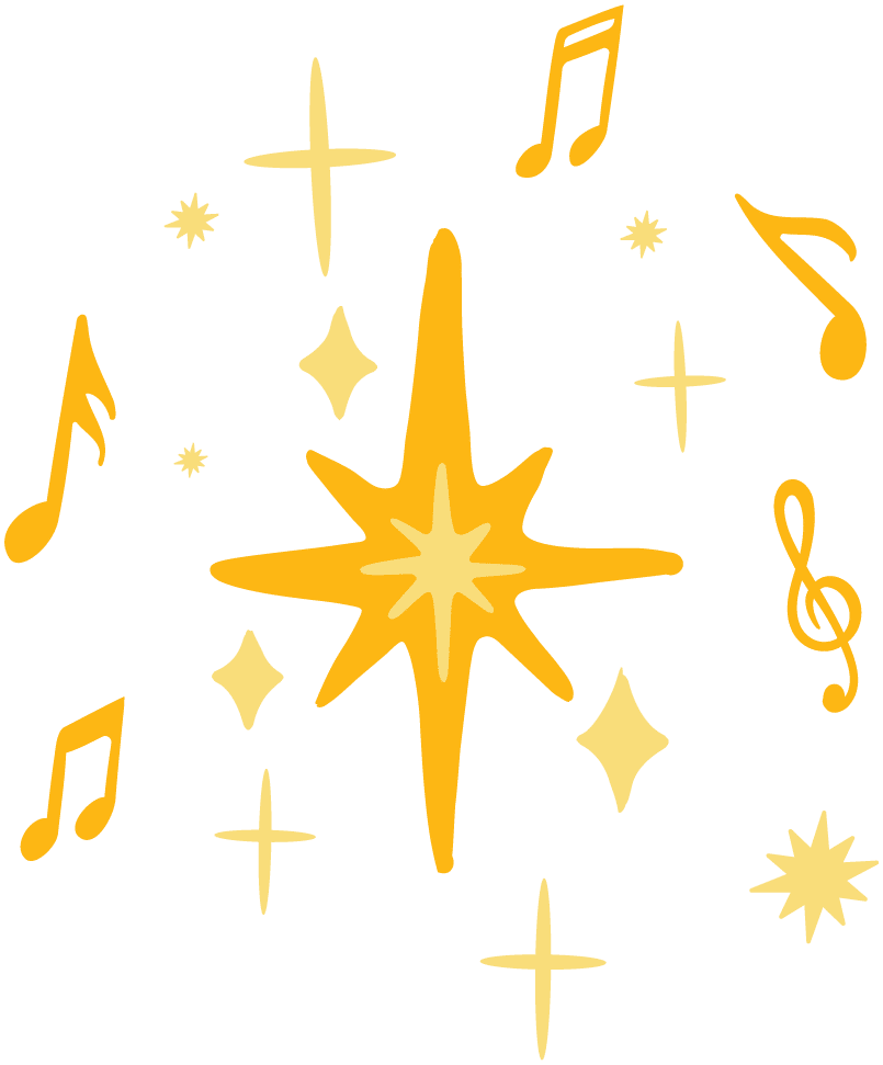 Musical sparkles and stars create a vibrant, artistic music design.