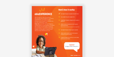 AbleExperience guide for QuickTalker Freestyle device approval and speech therapy steps.