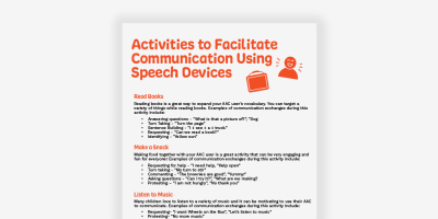 Activities to enhance communication skills using speech devices for AAC users.