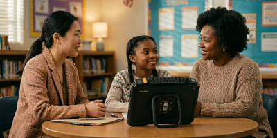 Teachers and students engage in discussions with QuickTalker Freestyle in a classroom.