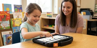 A child confidently using a QuickTalker Freestyle AAC device during a classroom activity while the speech-language pathologist watches supportively beside her