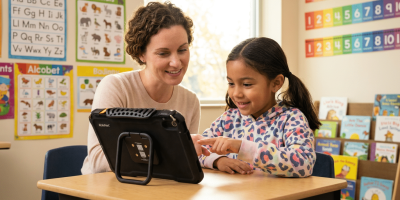 Teacher and student enjoy interactive Quicktalker Freestyle device learning in a vibrant classroom setting.