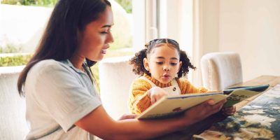 Mom and daughter enjoy reading together, fostering literacy and education at home.