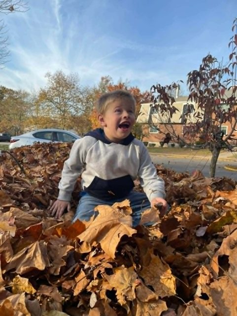 A joyful child plays in a pile of autumn leaves with able families.