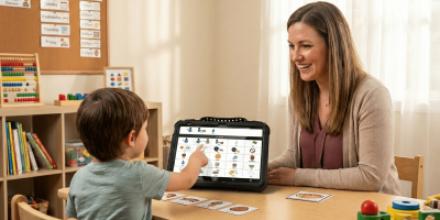 Child learning with QuickTalker Freestyle alongside a teacher in a classroom setting.