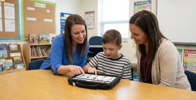 Students learn with AAC devices in an engaging, colorful classroom environment.