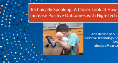 Child using high-tech AAC device for positive communication outcomes in assistive technology.
